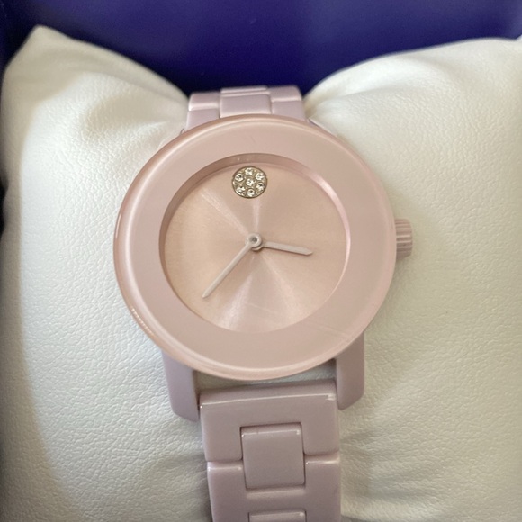 Movado Bold Pink Ceramic Blush Dazzling Crystal Accent Dot Motif Ladies Watch